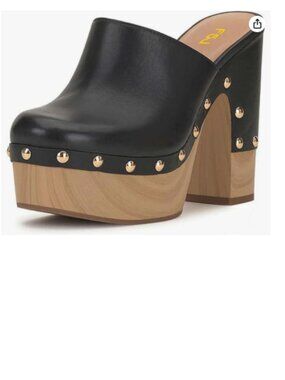 FSJ Black Round Toe Mules High Chunky Heel Sandals Slip On Platform Wooden Clogs
